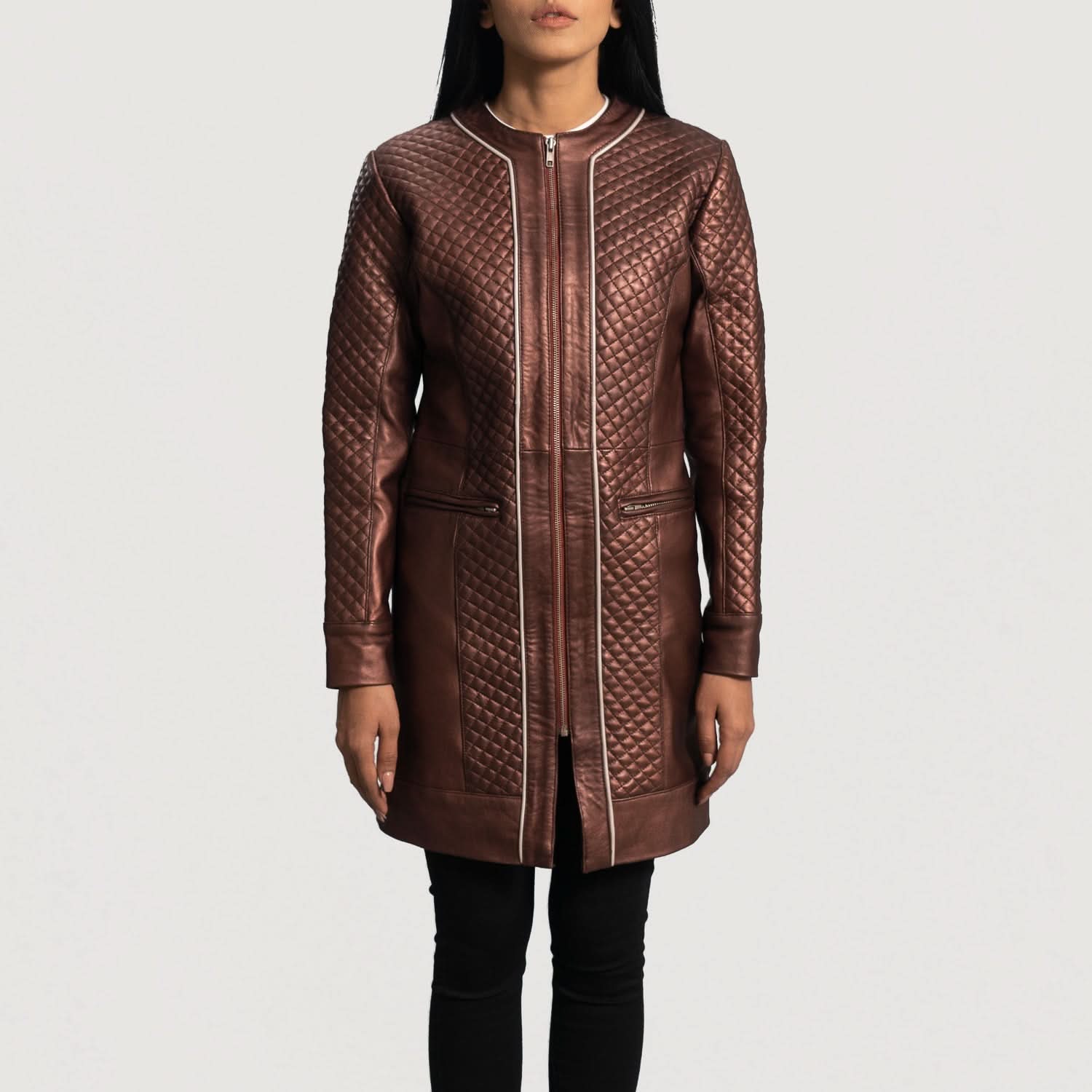 Trudy Lane Quilted Maroon Leather Coat - Leather Clan