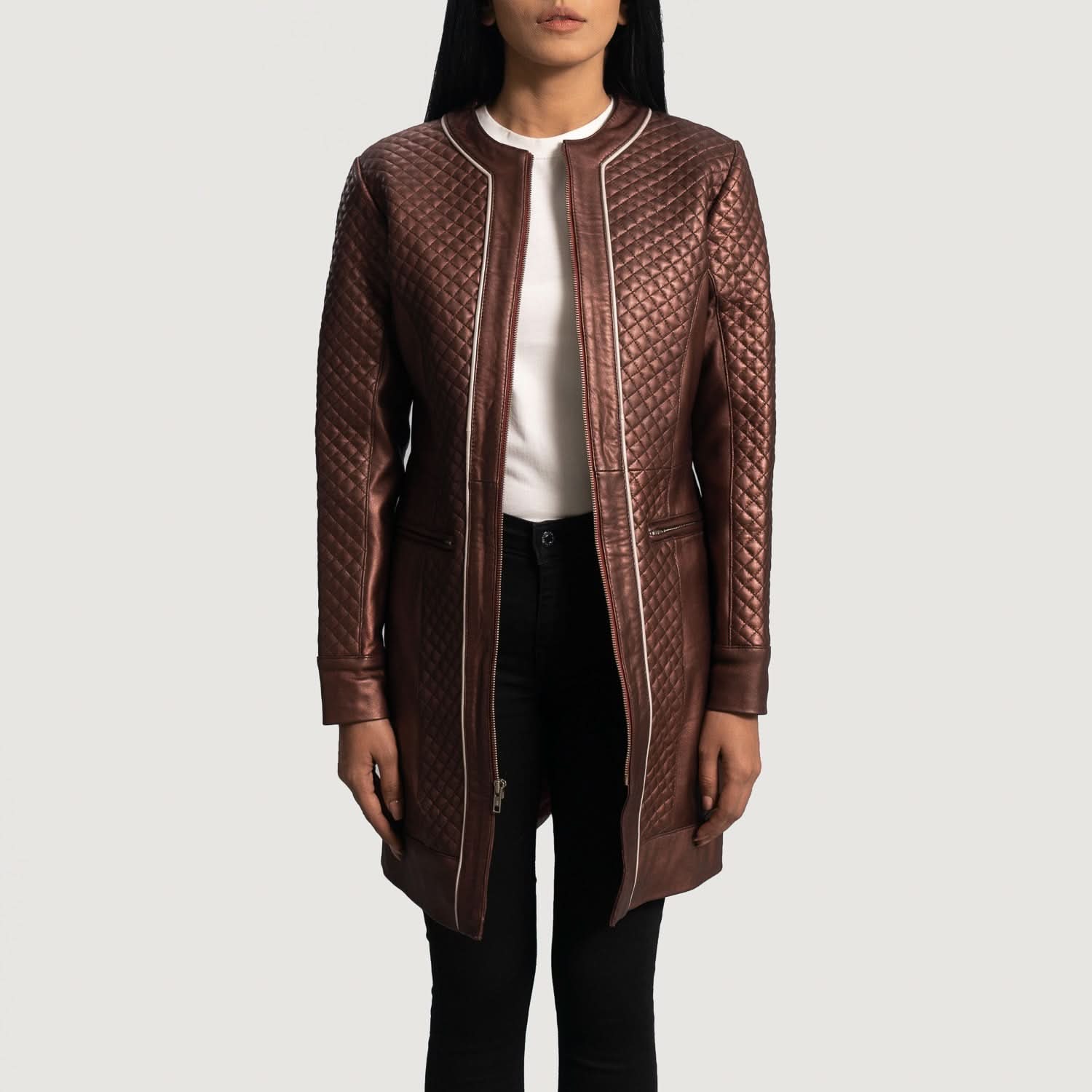 Trudy Lane Quilted Maroon Leather Coat - Leather Clan