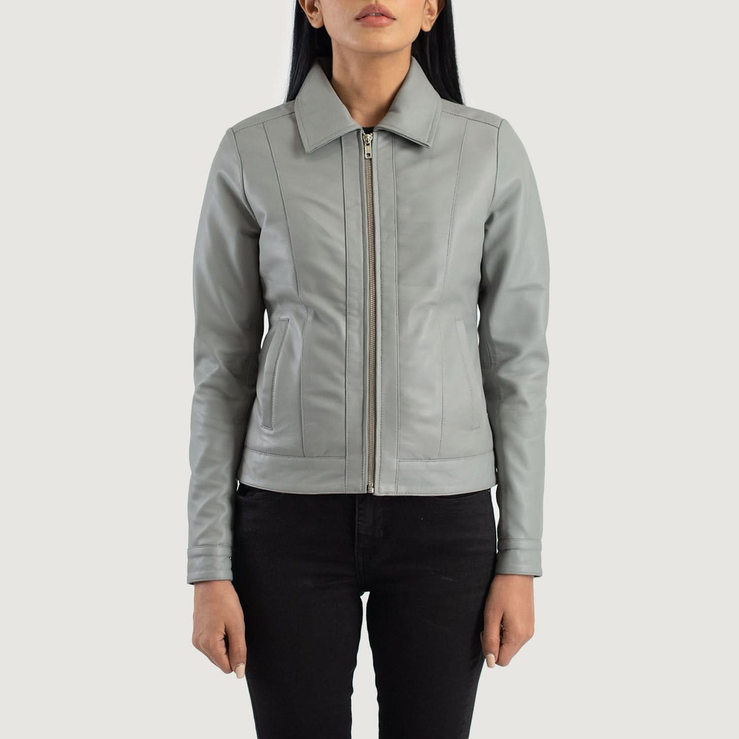 Vixen Grey Classic Collar Leather Jacket - Image 5