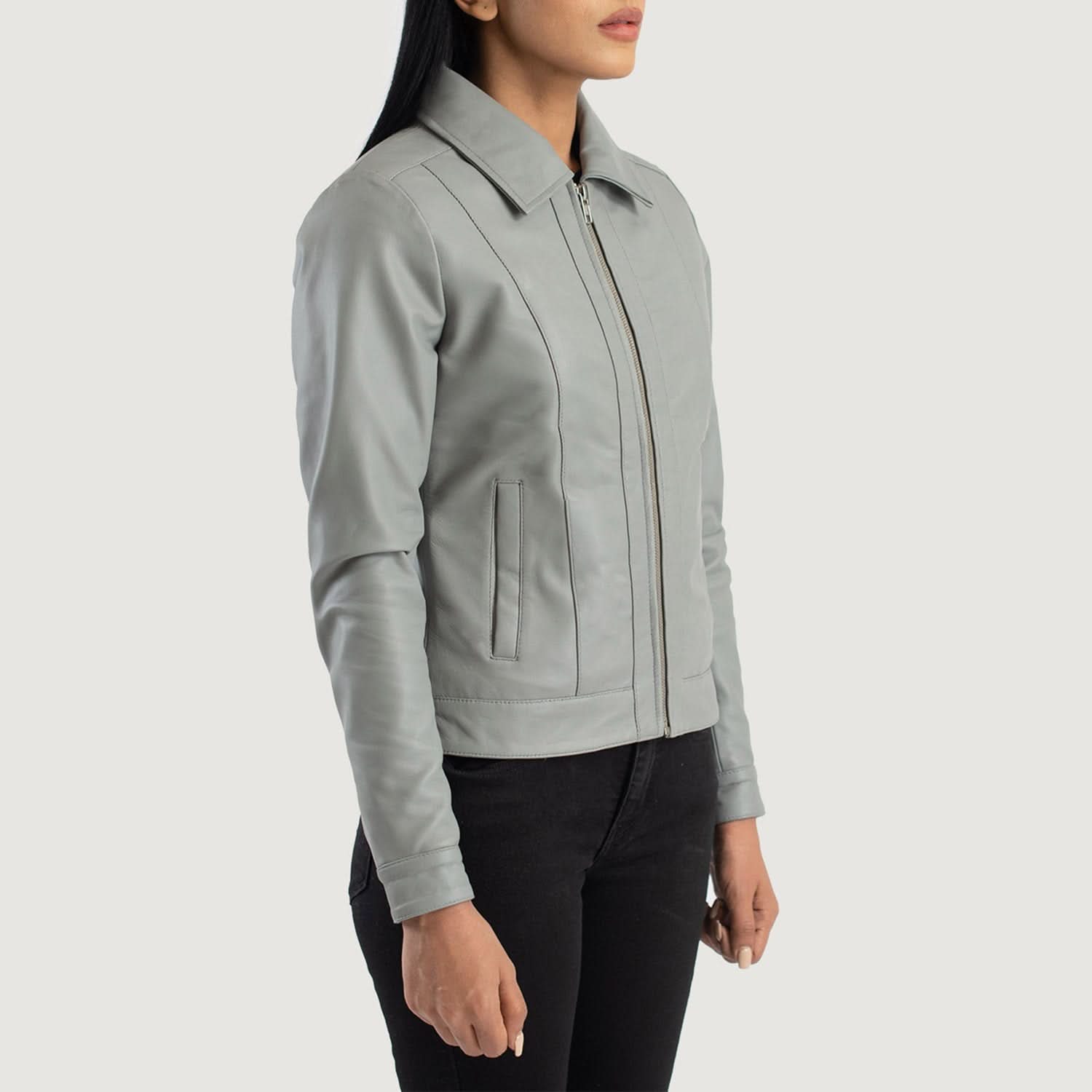 Vixen Grey Classic Collar Leather Jacket - Image 3