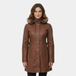 Womens Zipper Button Brown Leather Long Coat