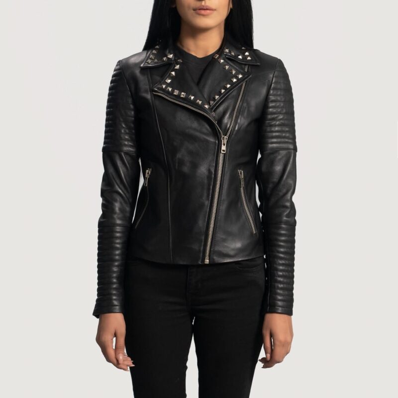 Sally Mae Studded Black Leather Biker Jacket - Leather Clan