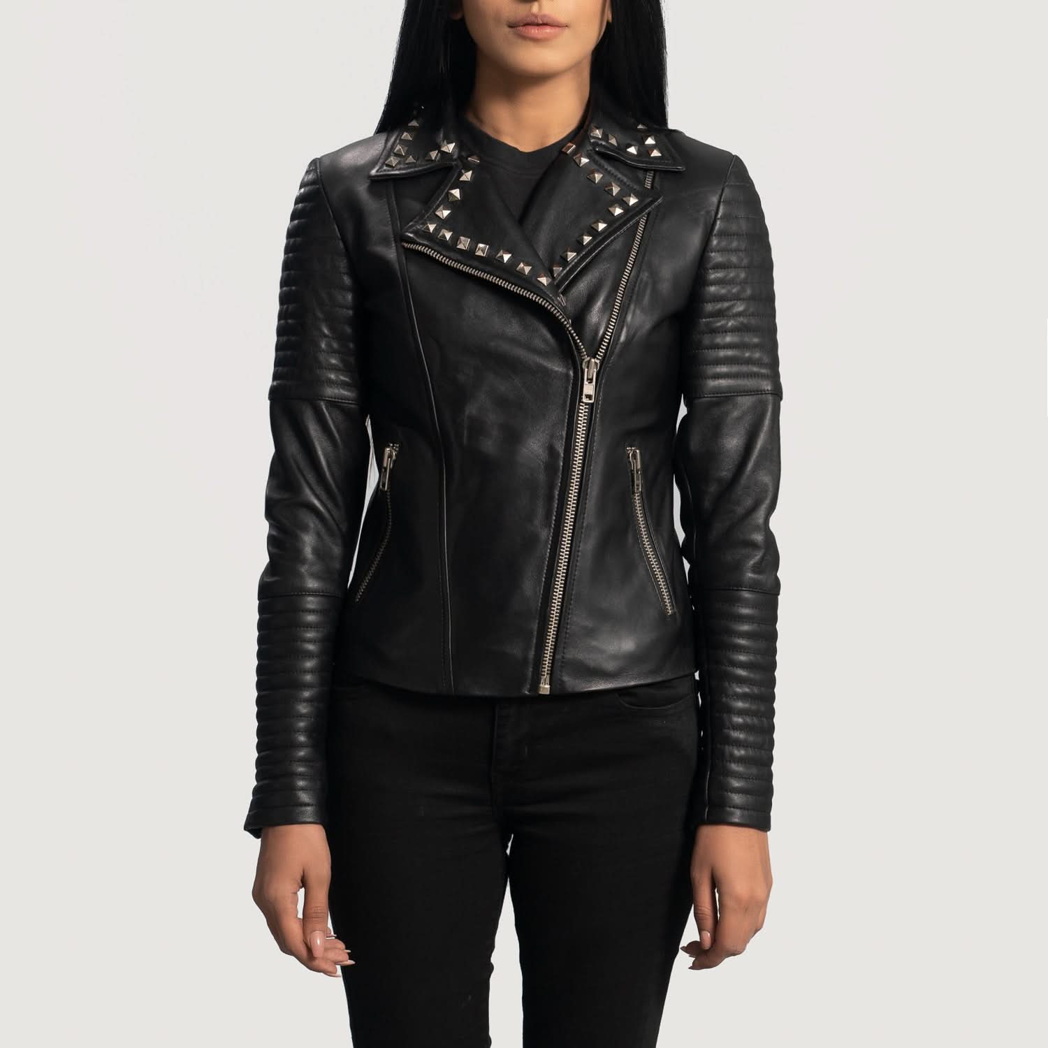 Sally Mae Studded Black Leather Biker Jacket - Leather Clan
