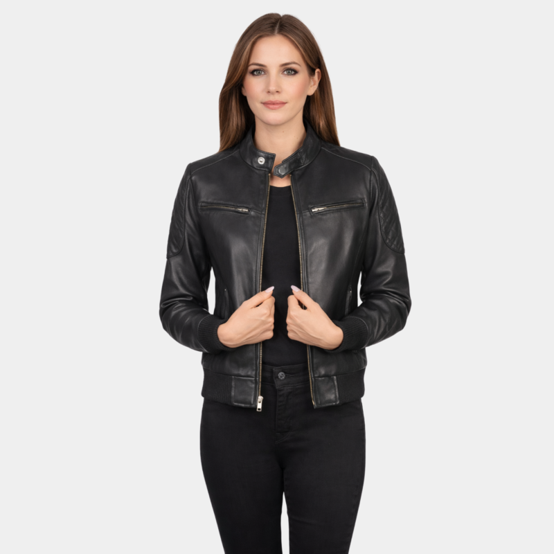 Zenna Black Leather Bomber Jacket - Leather Clan