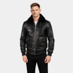 Zipper Black Leather Bomber Jacket