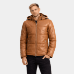 Gordon Tan Hooded Leather Puffer Jacket
