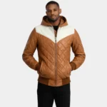 Norman Tan Hooded Bomber Leather Puffer Jacket