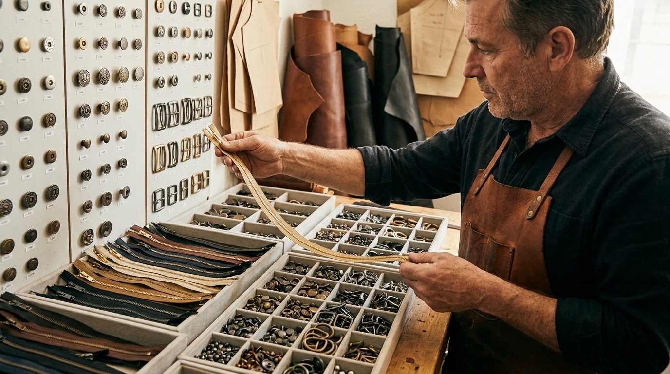 a man inspecting the leather jacket hardware
