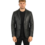 Men's Black Lapel Leather Blazer - Anders