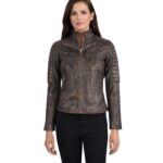Women's Quilted Distressed Brown Leather Biker Jacket - Saga