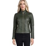 Women's Quilted Green Leather Biker Jacket - Saga