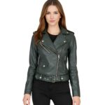 Women's Green Leather Biker Jacket - Eira