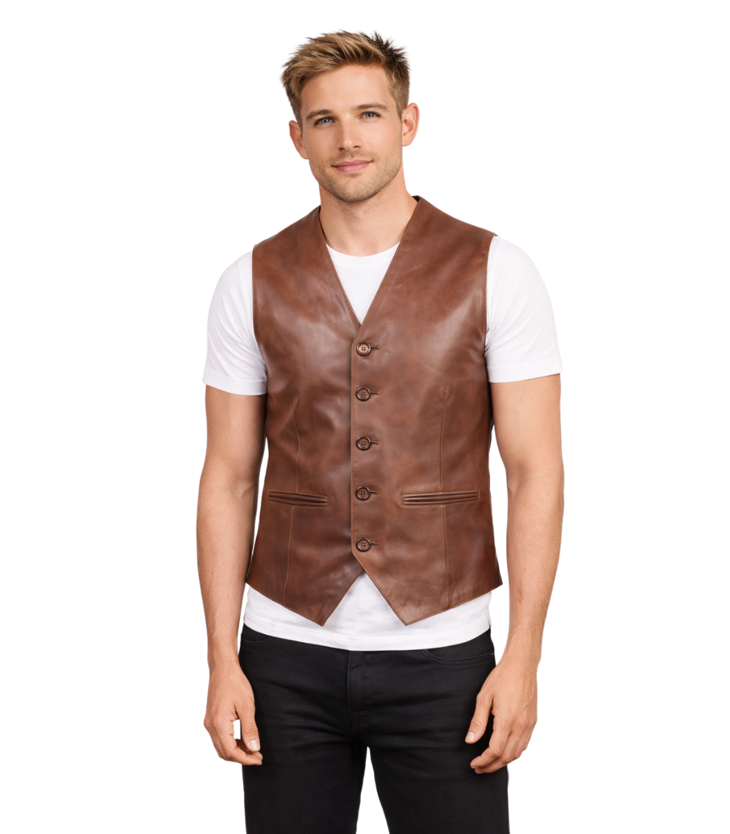 1-165.png Men's Brown Leather Vest - Alvar - Image 1