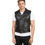 Men's Black Leather Biker Vest with Waist Belt - Trygve