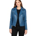 Women's Blue Leather Biker Jacket - Greta