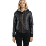 Women's Black Hooded Leather Bomber Jacket - Ebba