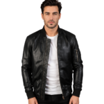 Men's Black Rib-Knit MA-1 Leather Bomber Jacket - Rune