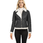 Women's B-3 Black & White Shearling Leather Bomber Jacket - Astrid