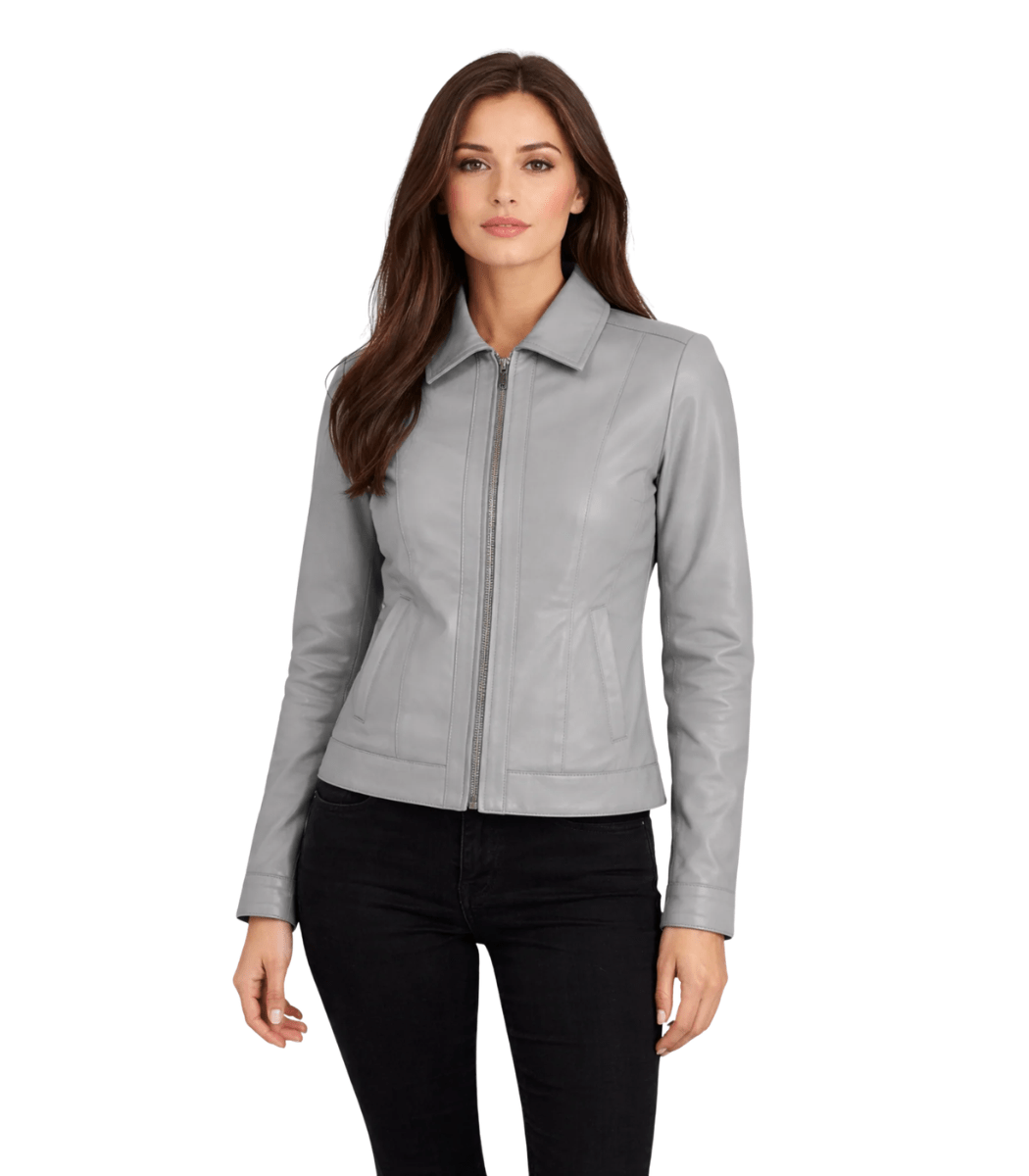 Women’s Grey Classic-Collar Leather Jacket – Freja